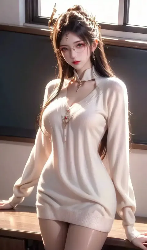 一个穿着白色毛衣的女人摆姿势拍照的特写