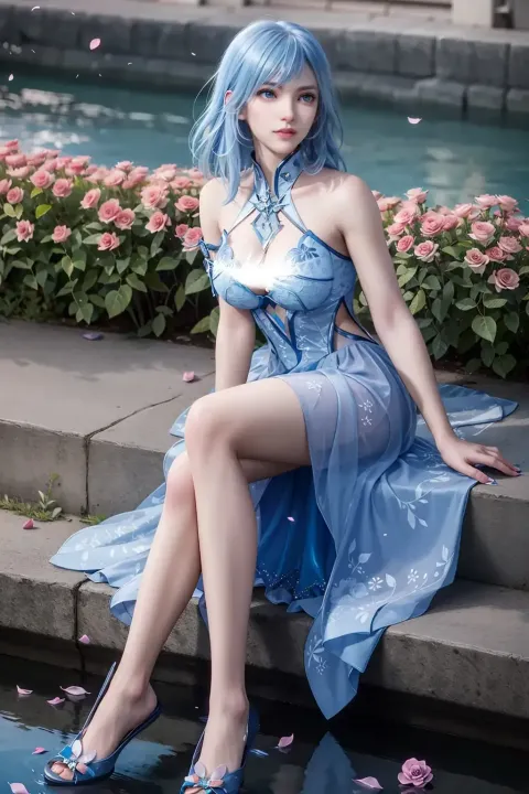 身穿蓝色连衣裙的阿拉夫女人坐在泳池边的台阶上