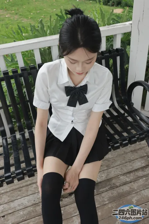 阿拉夫德亚洲妇女 双腿交叉坐在长凳上