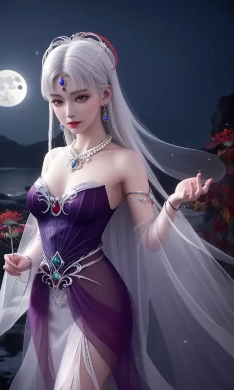 一身紫色连衣裙的女子手持刀和刀