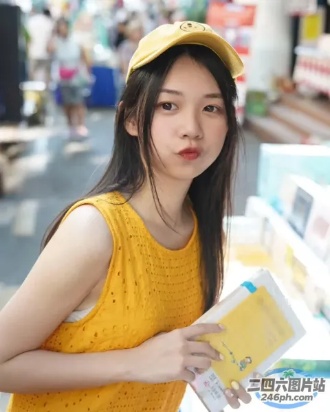 身穿黄色连衣裙的 araffe 女子在商店里拿着一本书