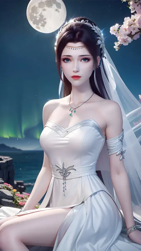 一个穿着婚纱的女人坐在壁架上的特写
