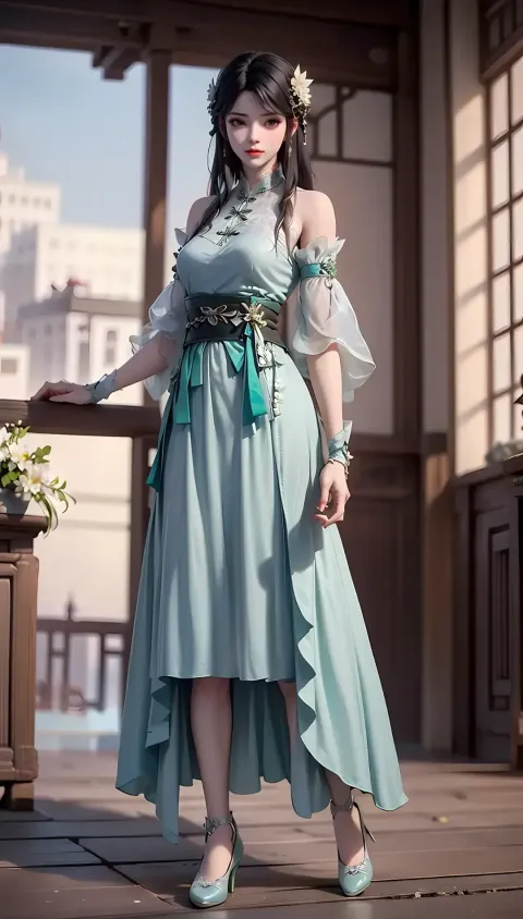 身穿蓝色连衣裙的女人站在阳台上，头发上插着一朵花