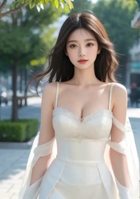 身穿白裙的女子正在摆姿势拍照