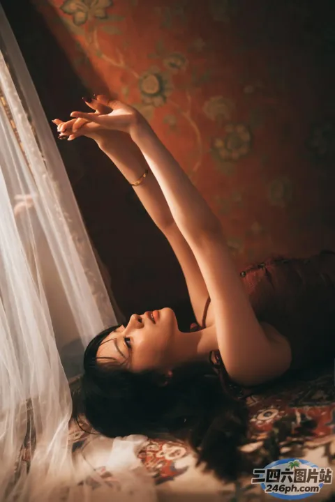 有一个女人躺在一张拉着透明窗帘的床上