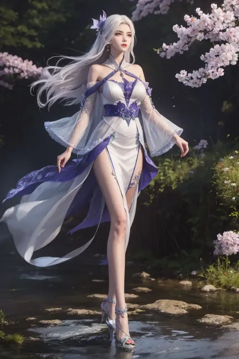 白裙紫裙女子行走在溪流中