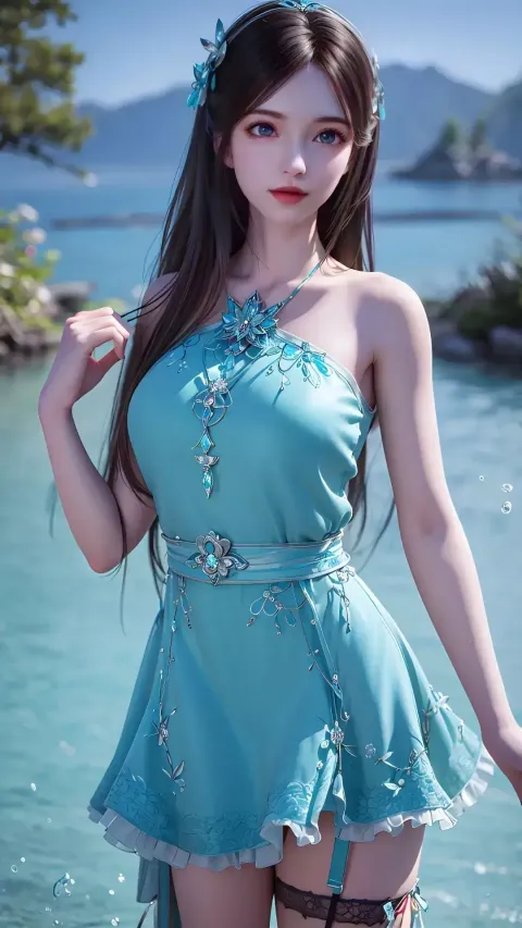 身穿蓝色连衣裙的阿拉夫德亚洲女性在水中摆姿势