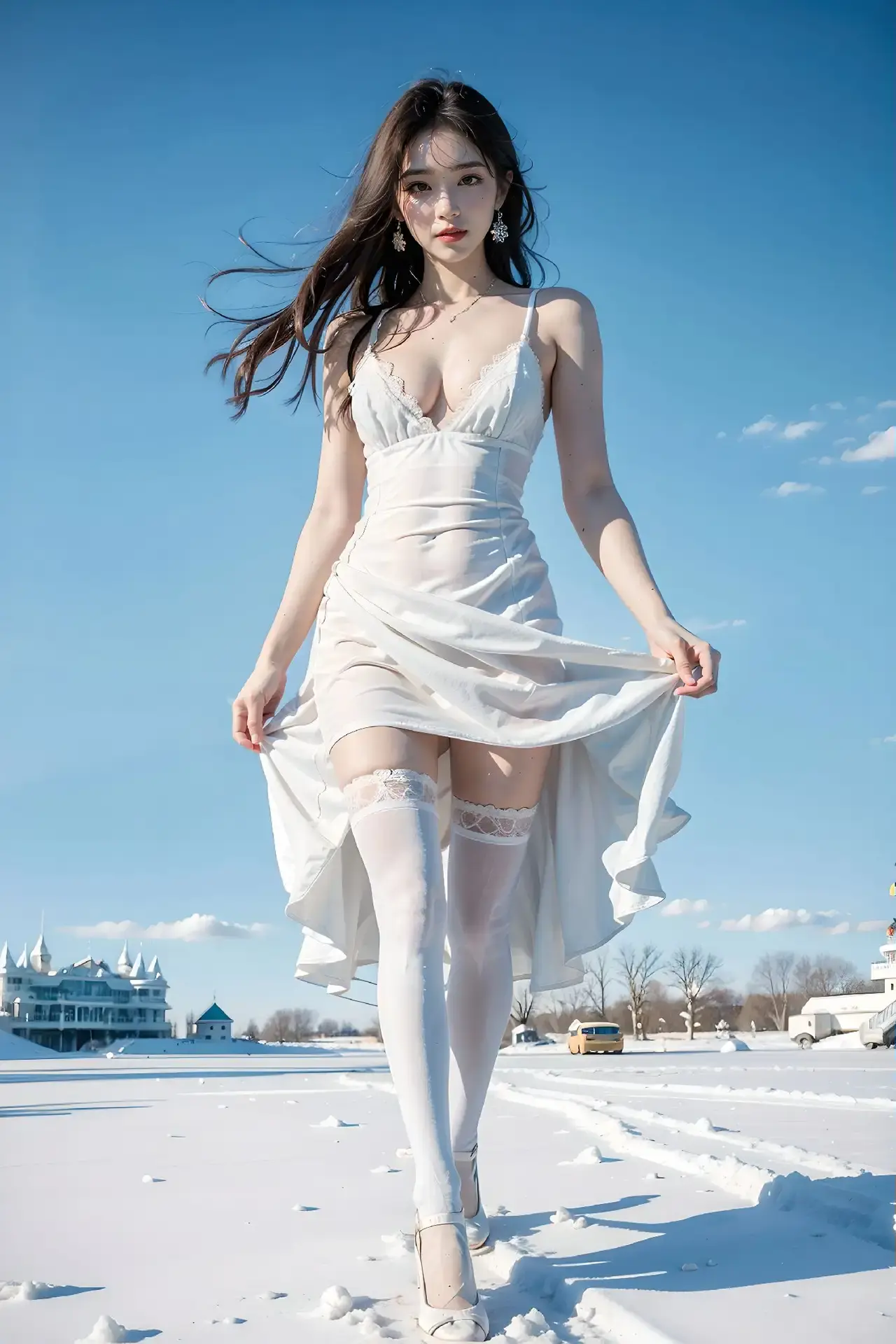 身穿白裙的阿拉夫在雪地里行走