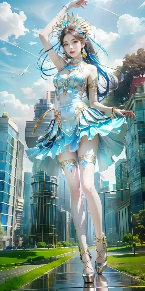 一个身穿蓝色连衣裙的女人站在潮湿的人行道上