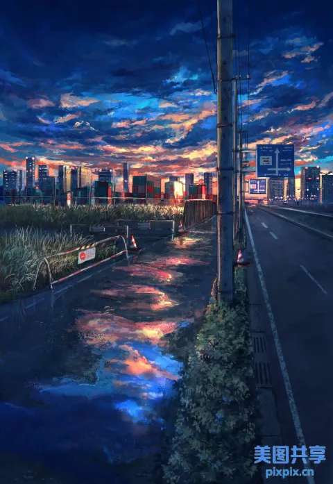 有一幅以天空为背景的夜晚城市的画作