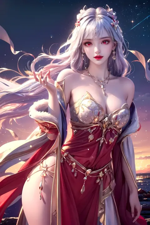 一个身穿红色连衣裙、手持剑的女人的特写