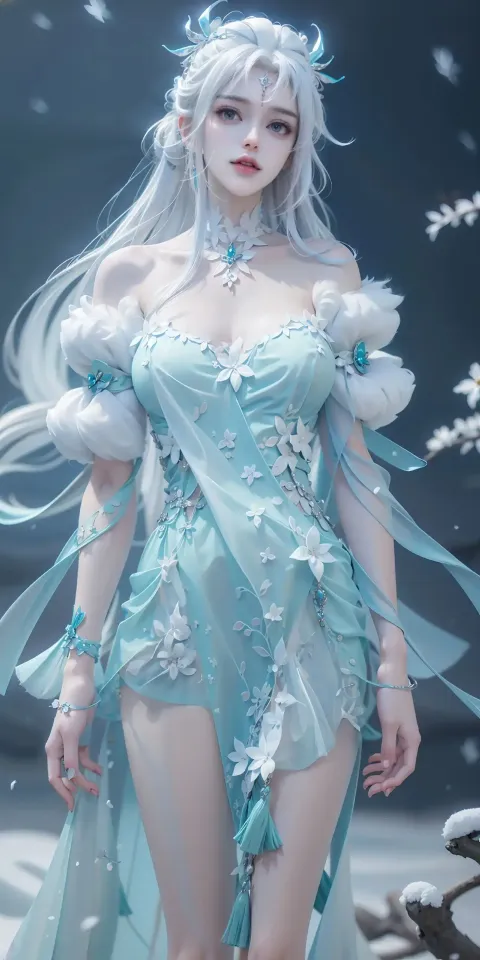 一个身穿蓝色连衣裙的女人站在雪地里