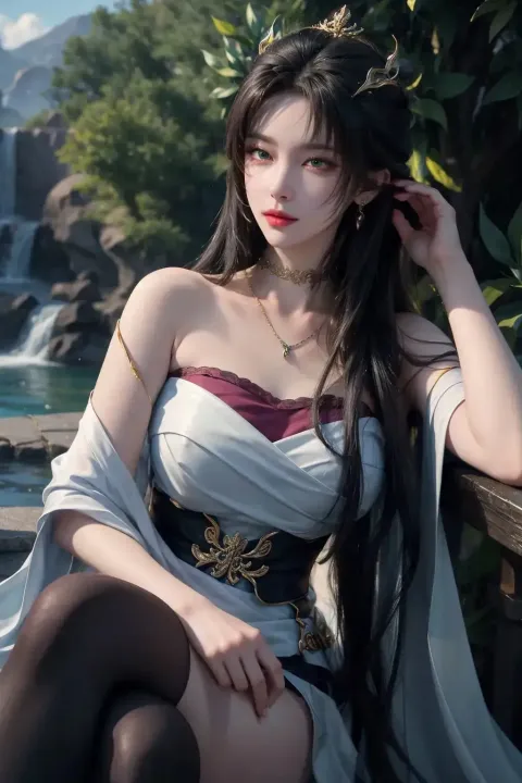 一个穿着裙子的女人坐在长凳上的特写