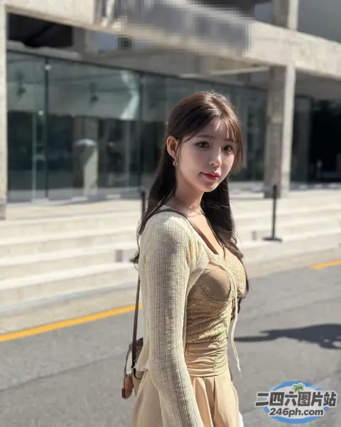 身穿棕褐色连衣裙的 araffe 女子走在街上