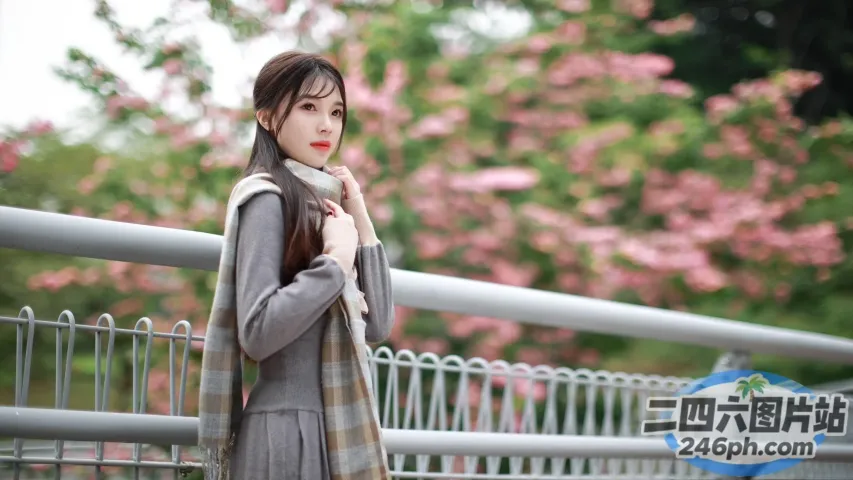 穿着外套和围巾的 araffe 女人站在桥上
