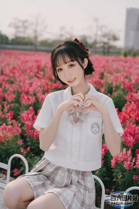 有个女人坐在花田里的长凳上