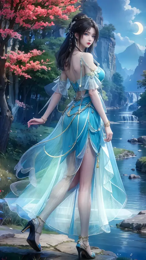 画一个穿着蓝色连衣裙的女人站在岩石上