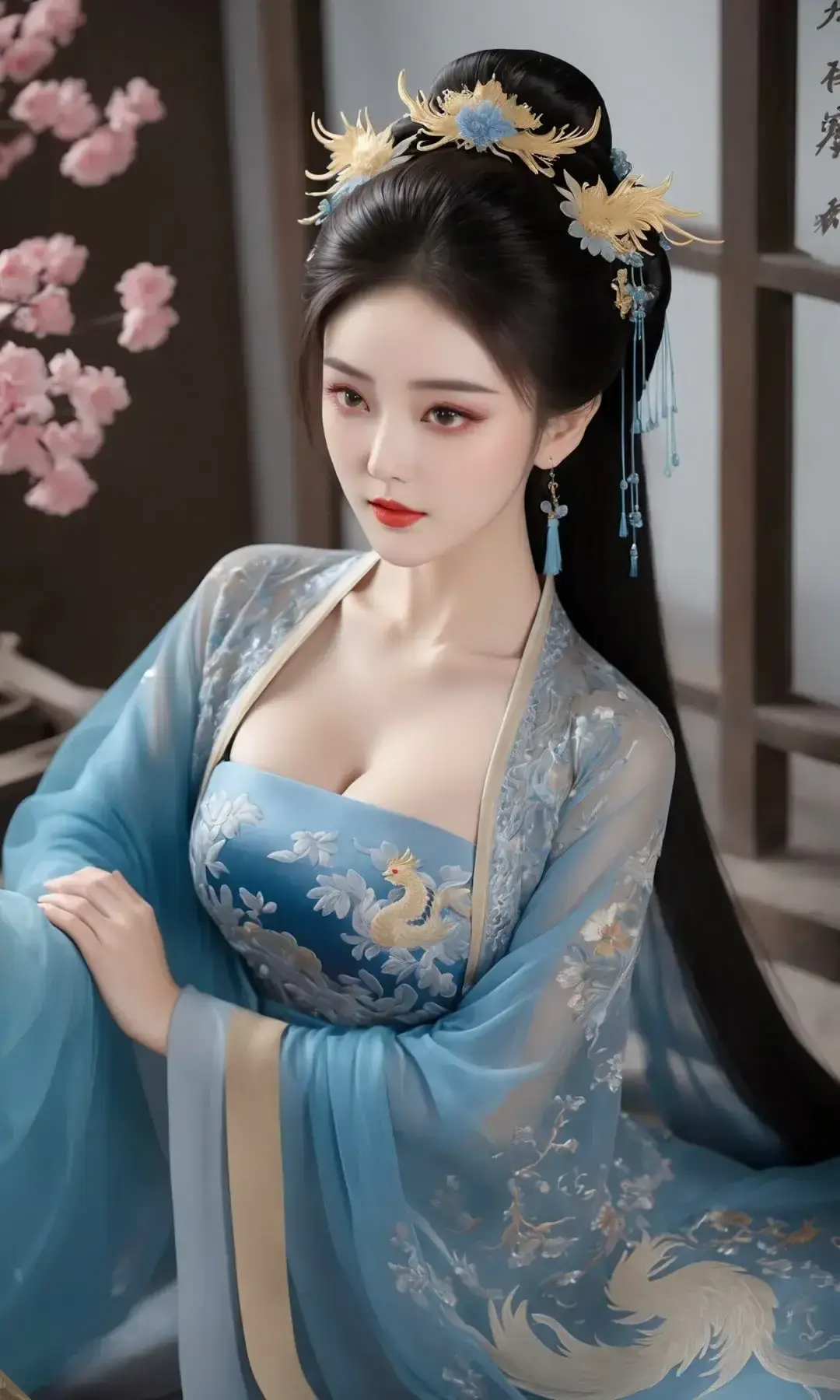 一个身穿蓝色连衣裙的女人坐在椅子上