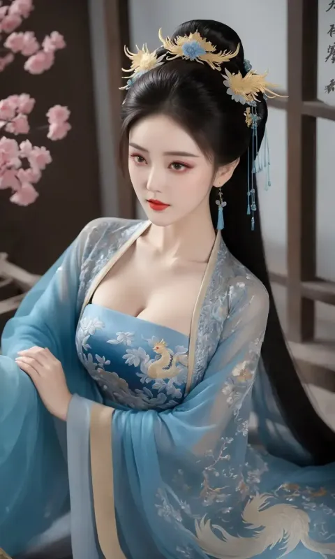 一个身穿蓝色连衣裙的女人坐在椅子上