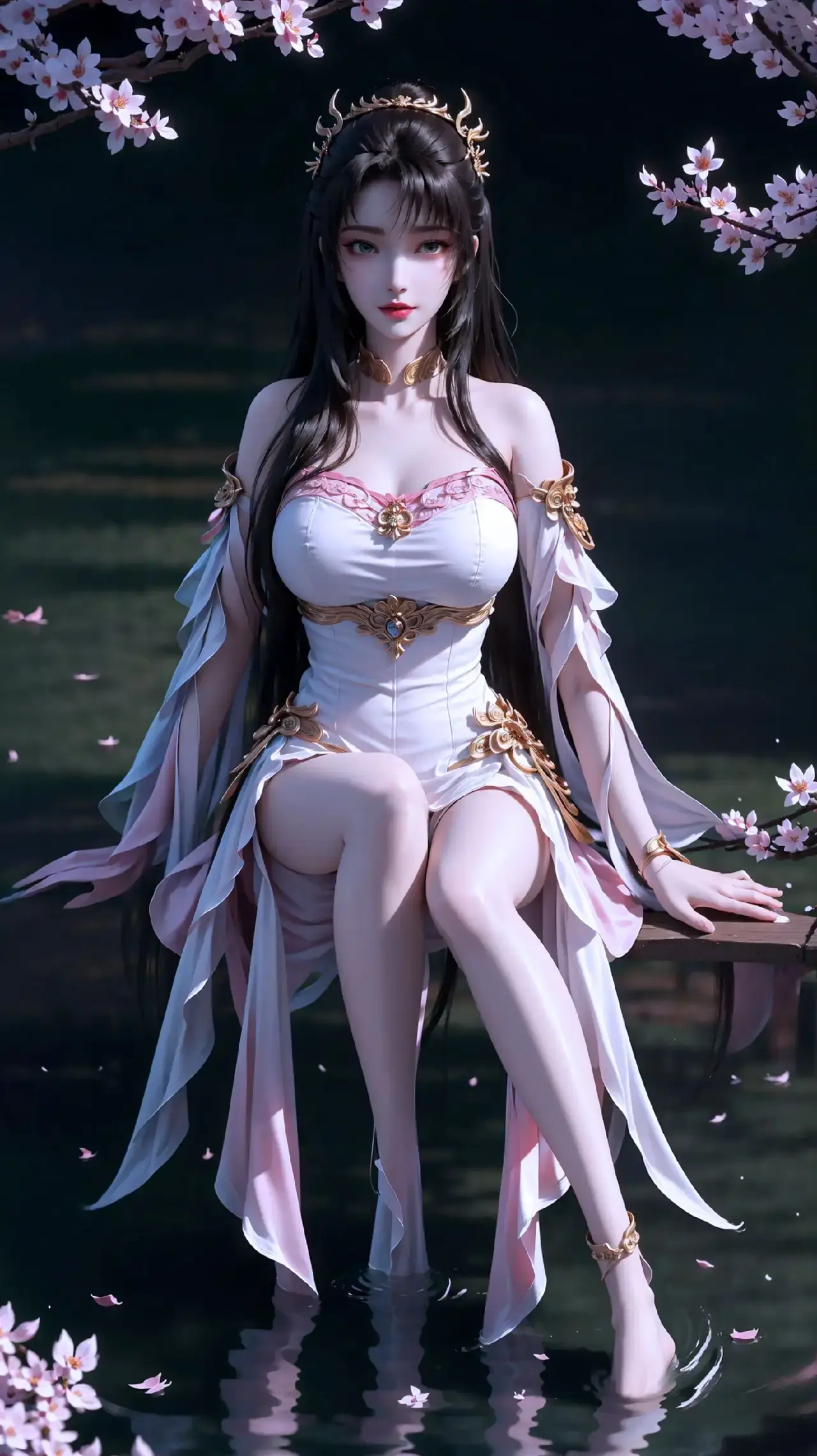 阿拉夫女人穿着粉色连衣裙坐在水中的长凳上