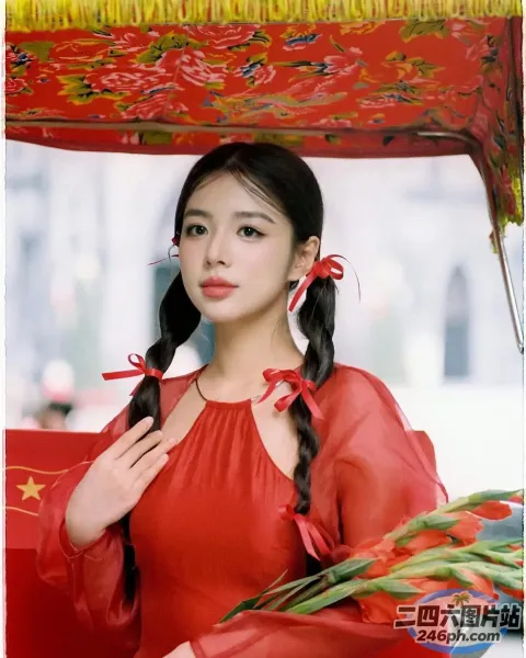 有个红裙女子，手里拿着一把红伞