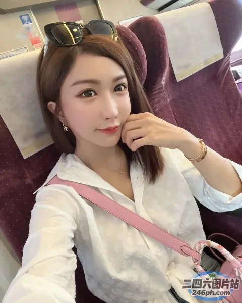 坐在火车上的阿拉菲女人，手里拿着粉红色的钱包和太阳镜