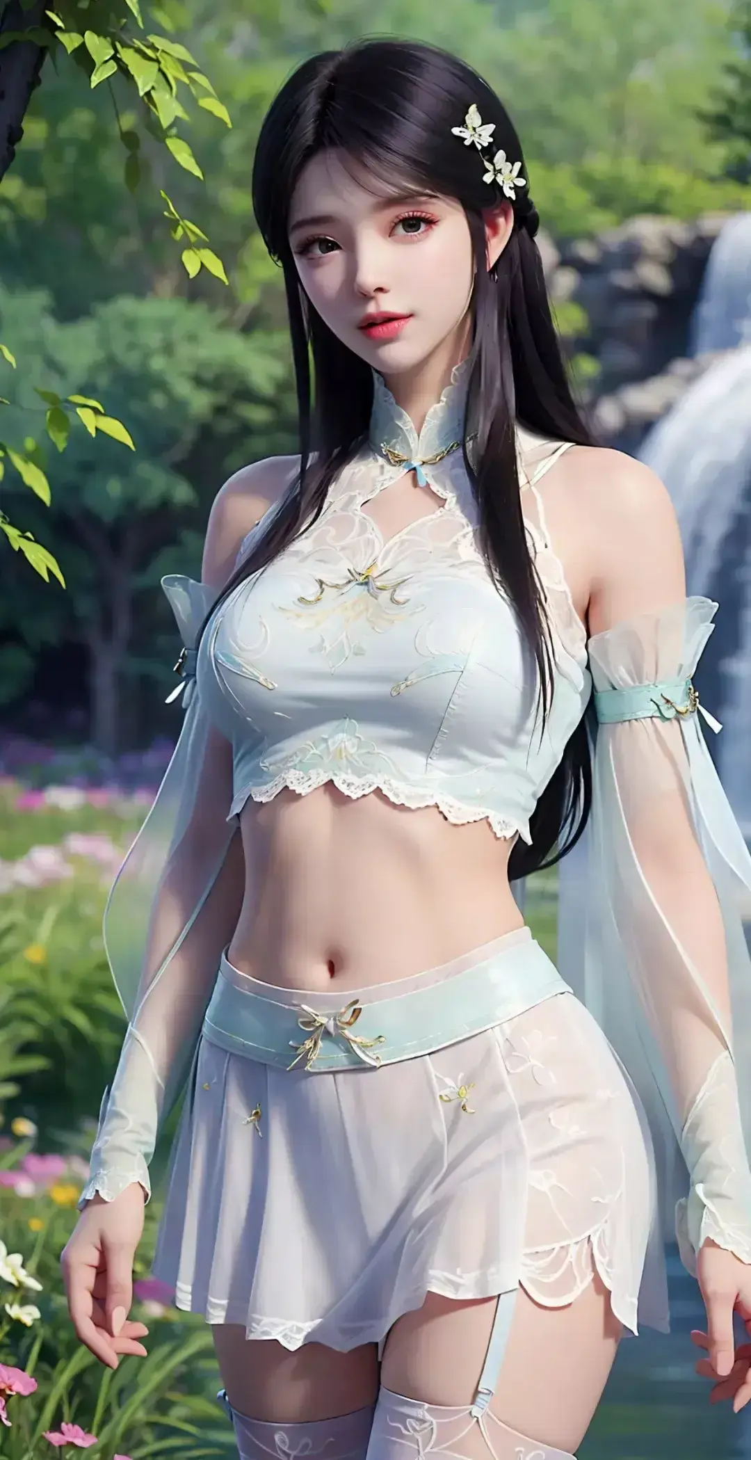 身着白色服装的阿拉菲亚洲女人在瀑布前摆姿势
