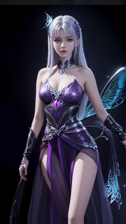 一个身穿紫色连衣裙的女人拿着剑的特写
