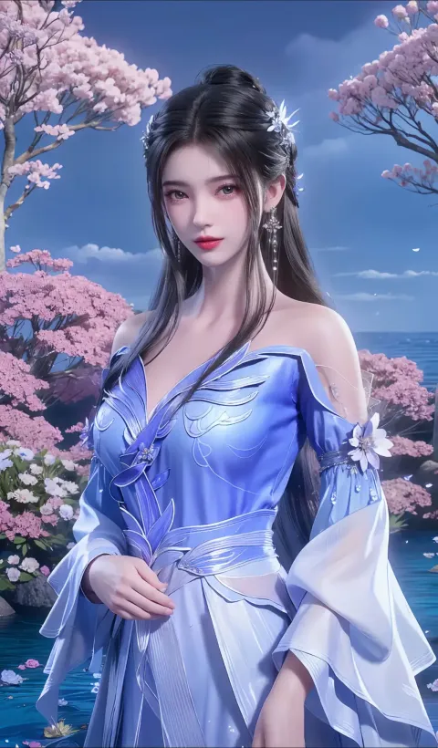 池塘里站着一个穿着蓝色连衣裙的女人