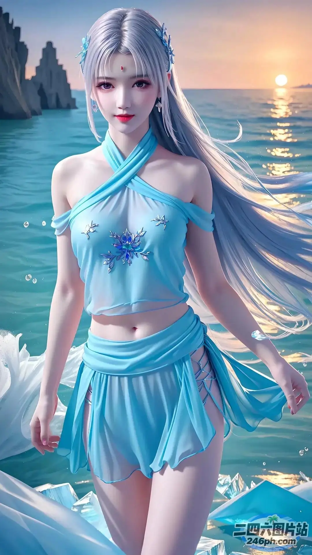 动漫蓝裙女孩站在海边的岩石上