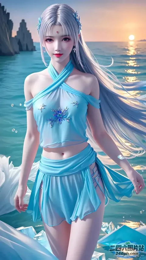 动漫蓝裙女孩站在海边的岩石上