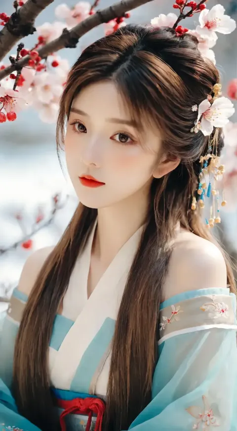 一个身穿蓝色连衣裙的女人在树下摆姿势