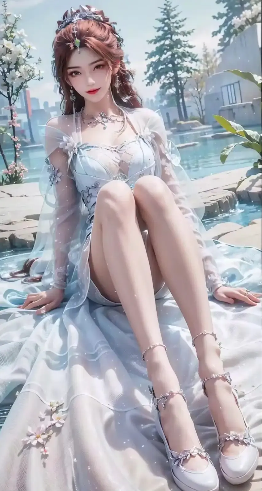 一个女人穿着裙子坐在床上的特写