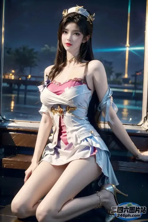 一个穿着裙子的女人坐在长凳上的特写