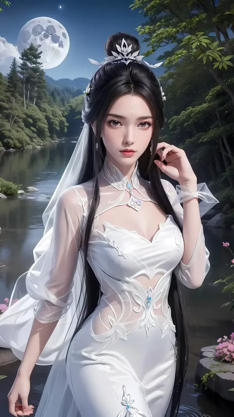 河边一个穿着婚纱的女人的特写