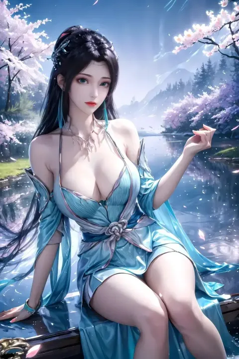 一个身穿蓝色连衣裙的女人坐在水中的船上