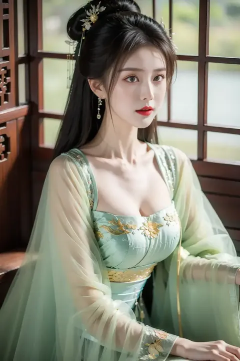 一个穿着绿色连衣裙的女人坐在长凳上的特写