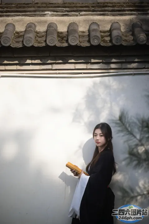 阿拉菲女子站在墙前，手里拿着热狗