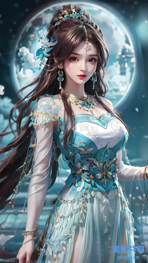 一个身穿蓝色连衣裙的女人在满月前举着灯笼