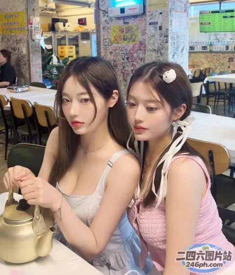 两位亚洲女性坐在一张拿着茶壶的桌子旁