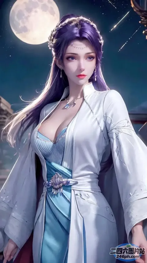 一个身穿白裙和蓝裙的女人站在满月前
