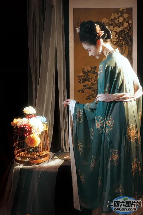 身穿绿色连衣裙的阿拉夫德女子站在鸟笼旁边