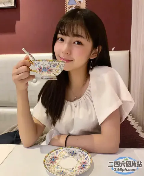 有个女人坐在桌子旁，桌上拿着杯子和碟子