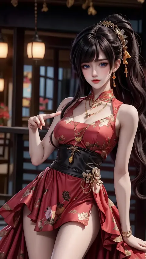 一个身穿红色连衣裙的女人摆姿势拍照的特写