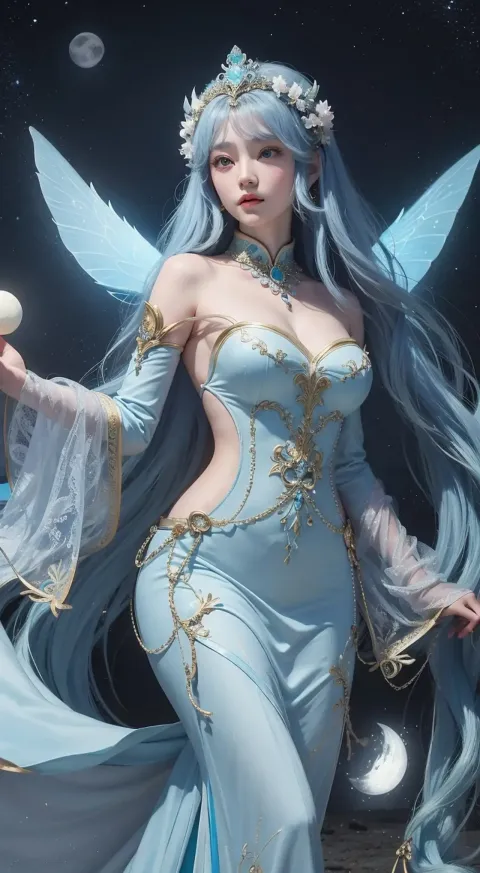 身穿蓝色连衣裙的阿拉夫德女人拿着球和魔杖