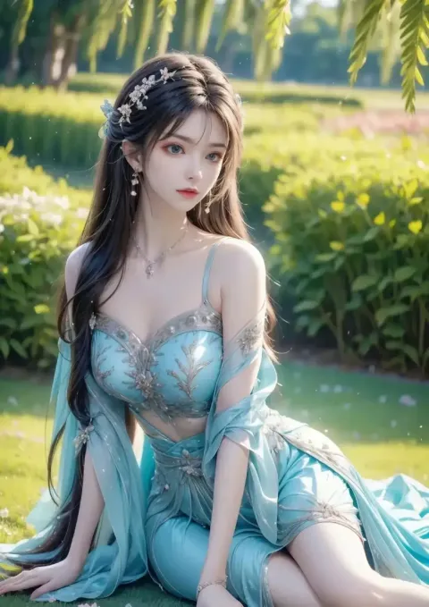 一个穿着蓝色连衣裙的女人坐在草地上