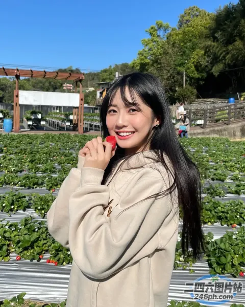 草莓田里的阿拉菲女人，手里拿着一个红色的物体