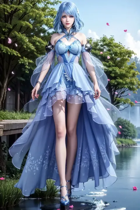 一个身穿蓝色连衣裙的女人站在一块岩石上