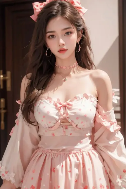 一个穿着粉红色连衣裙、头上戴着蝴蝶结的女人