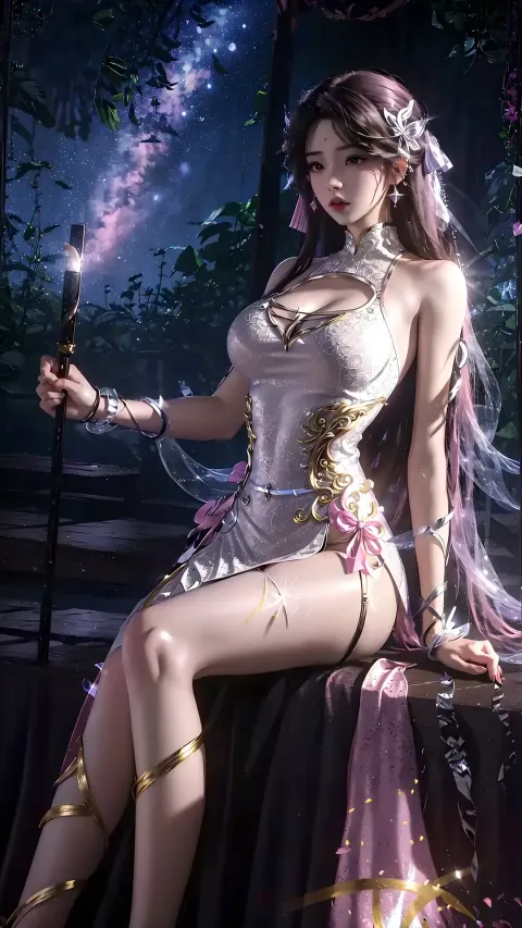 身穿白色连衣裙的阿拉夫德女人坐在长凳上，拿着一根魔杖